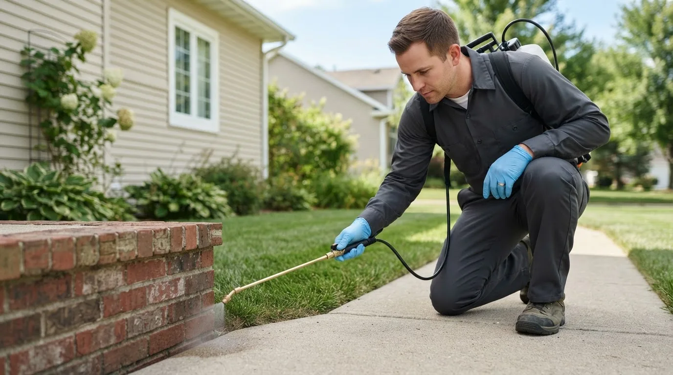 Pest control technician treating a home near Rye, NH